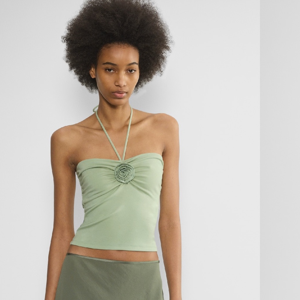 Green Drapey Jersey Halter Top with Rosette